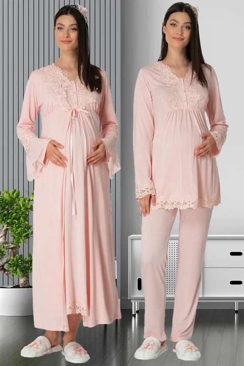 Dantelli Önden Düğmeli Sabahlıklı Lohusa Gecelik 4'lü Set Pijama Takımı 1519