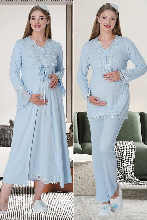 Dantelli Önden Düğmeli Sabahlıklı Lohusa Gecelik 4'lü Set Pijama Takımı 1519