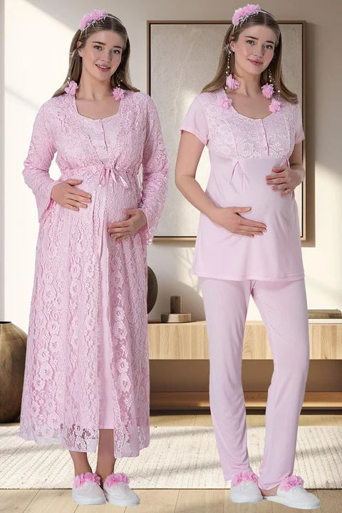 Dantel İşlemeli Sabahlıklı Gecelikli Pijama Takımı 4'lü Lohusa Set 6060