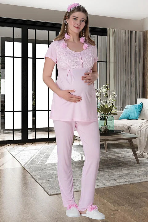 Dantel İşlemeli Sabahlıklı Gecelikli Pijama Takımı 4'lü Lohusa Set 6060