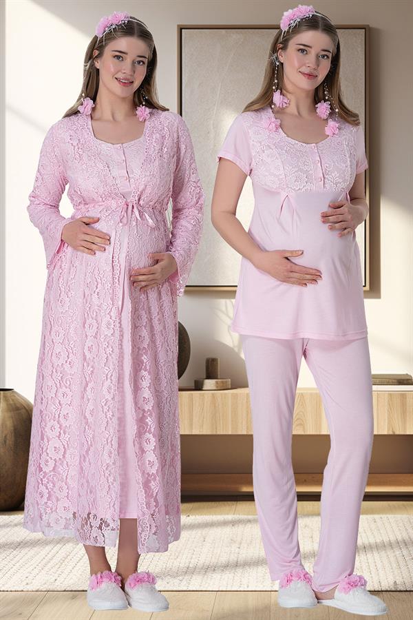 6060 Pembe Dantel Sabahlıklı Gecelik Pijama Lohusa Set