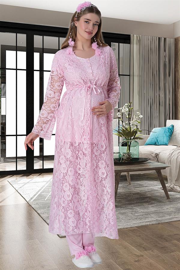 Mecit 6060 Pembe Dantel Sabahlıklı Gecelik Pijama Lohusa Set