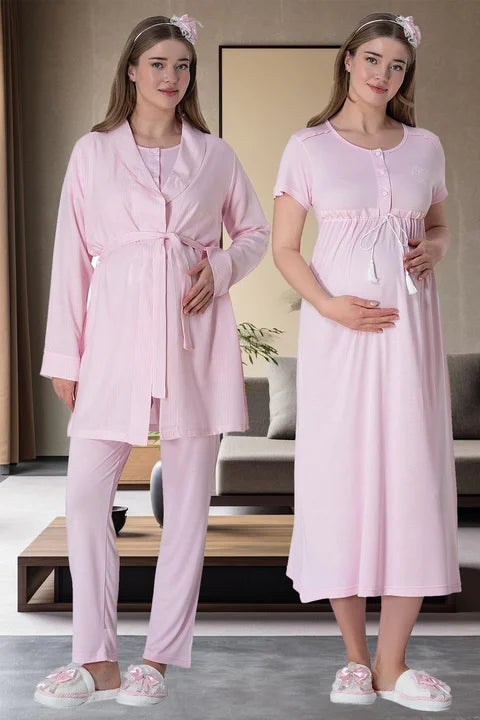 Çizgili Önden Düğmeli Sabahlıklı Gecelikli Pijama Takımı 4'lü Lohusa Set 6061