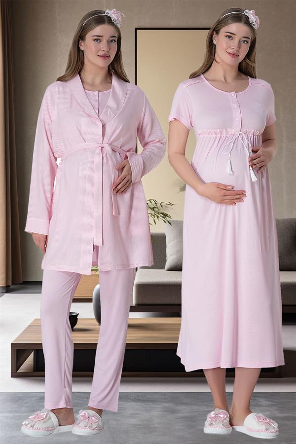 Mecit 6061 Pembe Çizgili Sabahlıklı Gecelik Pijama Lohusa Set