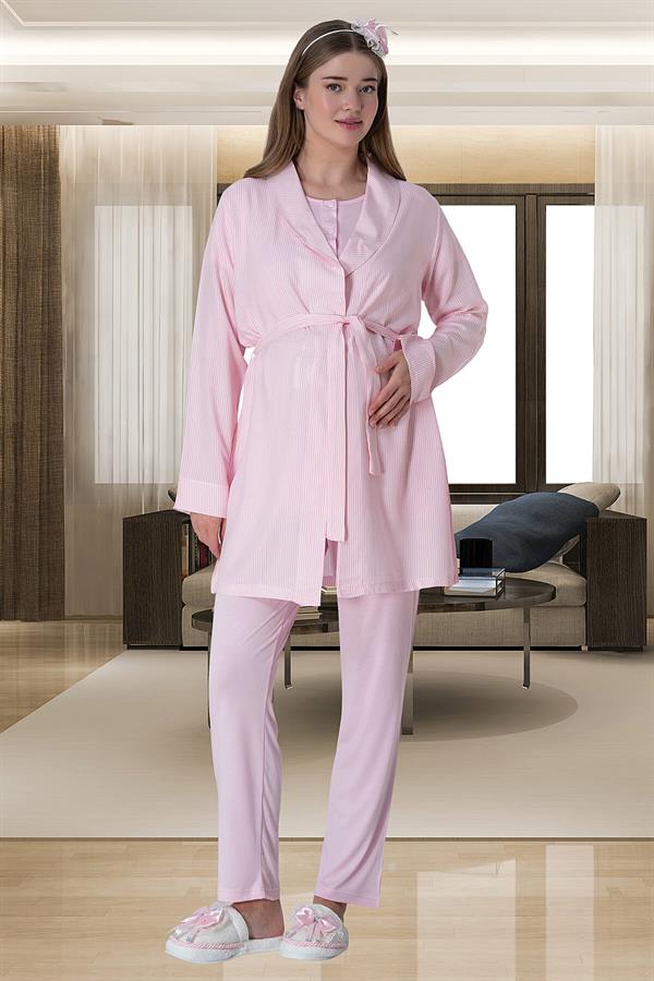 Mecit 6061 Pembe Çizgili Sabahlıklı Gecelik Pijama Lohusa Set