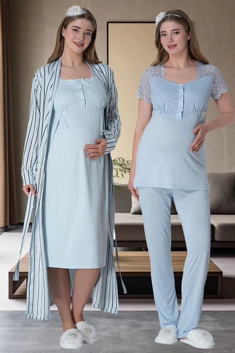 Çizgili Dantelli Önden Düğmeli Sabahlıklı Gecelikli Pijama Takımı 4'lü Lohusa Set 6063