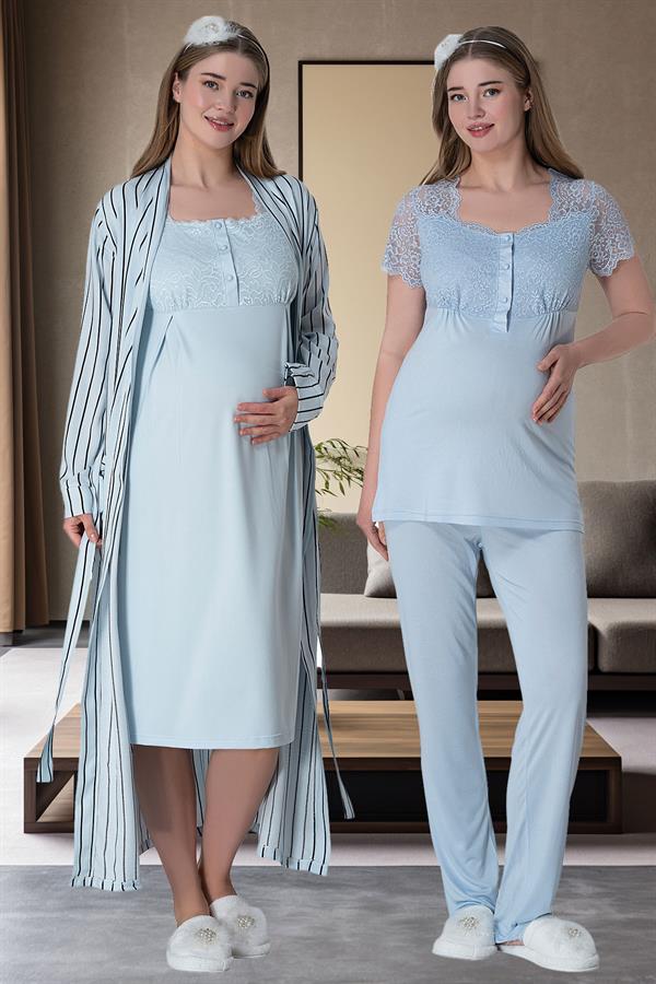 6063 Mavi Çizgili Uzun Sabahlıklı Gecelik Pijama Lohusa Set