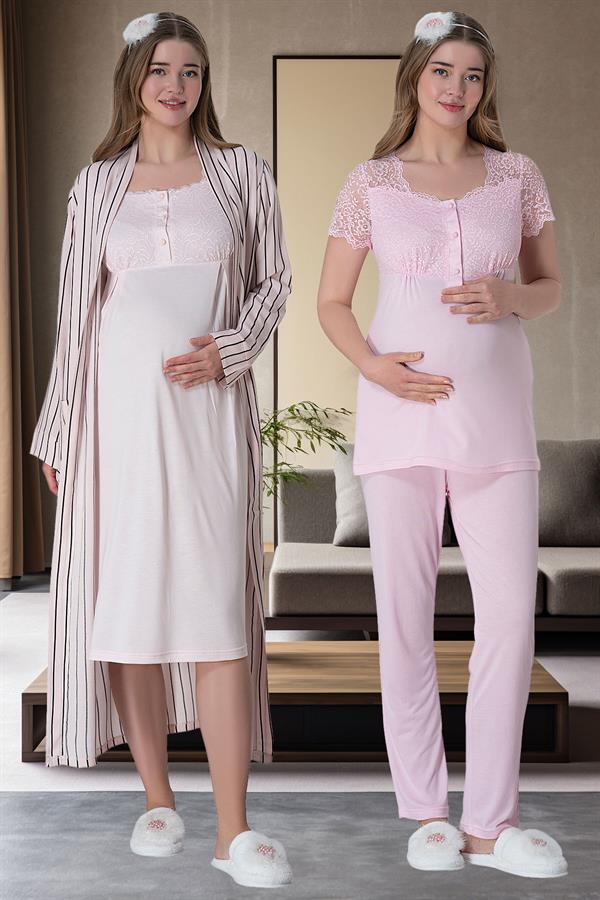 6063 Pembe Çizgili Uzun Sabahlıklı Gecelik Pijama Lohusa Set