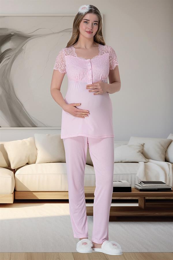 6063 Pembe Çizgili Uzun Sabahlıklı Gecelik Pijama Lohusa Set