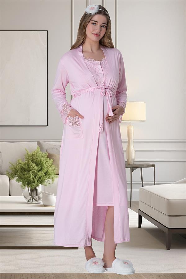 Mecit 6065 Pembe Uzun Sabahlıklı Gecelik Pijama Lohusa Set