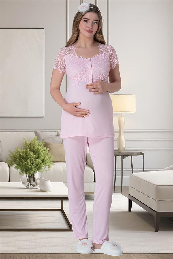 Mecit 6065 Pembe Uzun Sabahlıklı Gecelik Pijama Lohusa Set