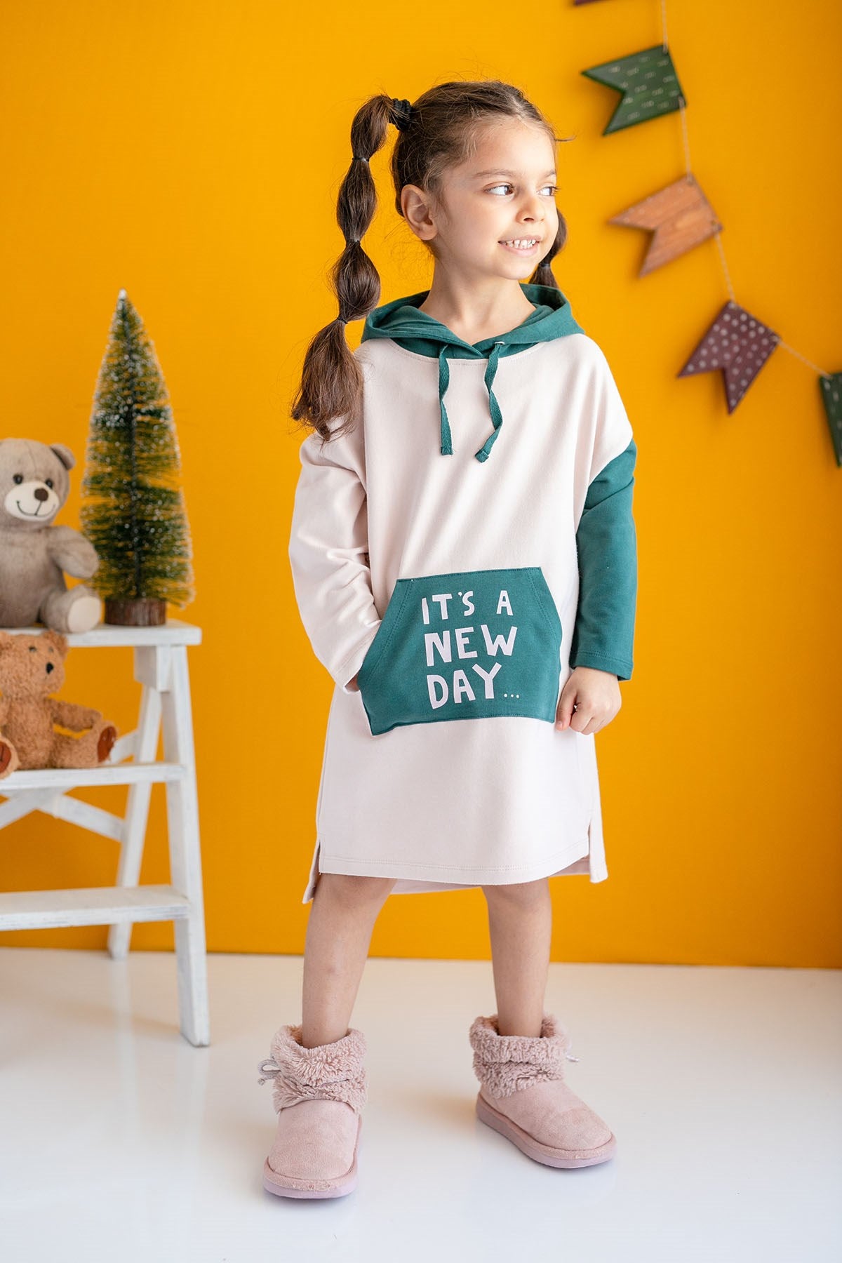 Kız Çocuk Kapüşonlu New Day Elbise (2-6yaş)-0